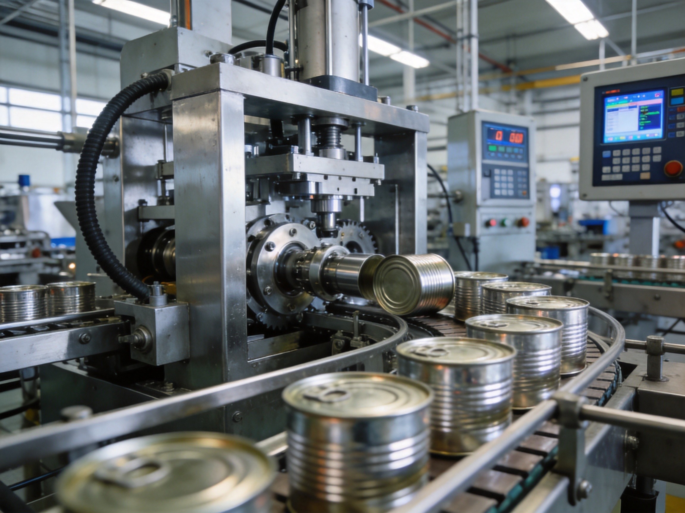 Automatic round can production line in modern factory workshop