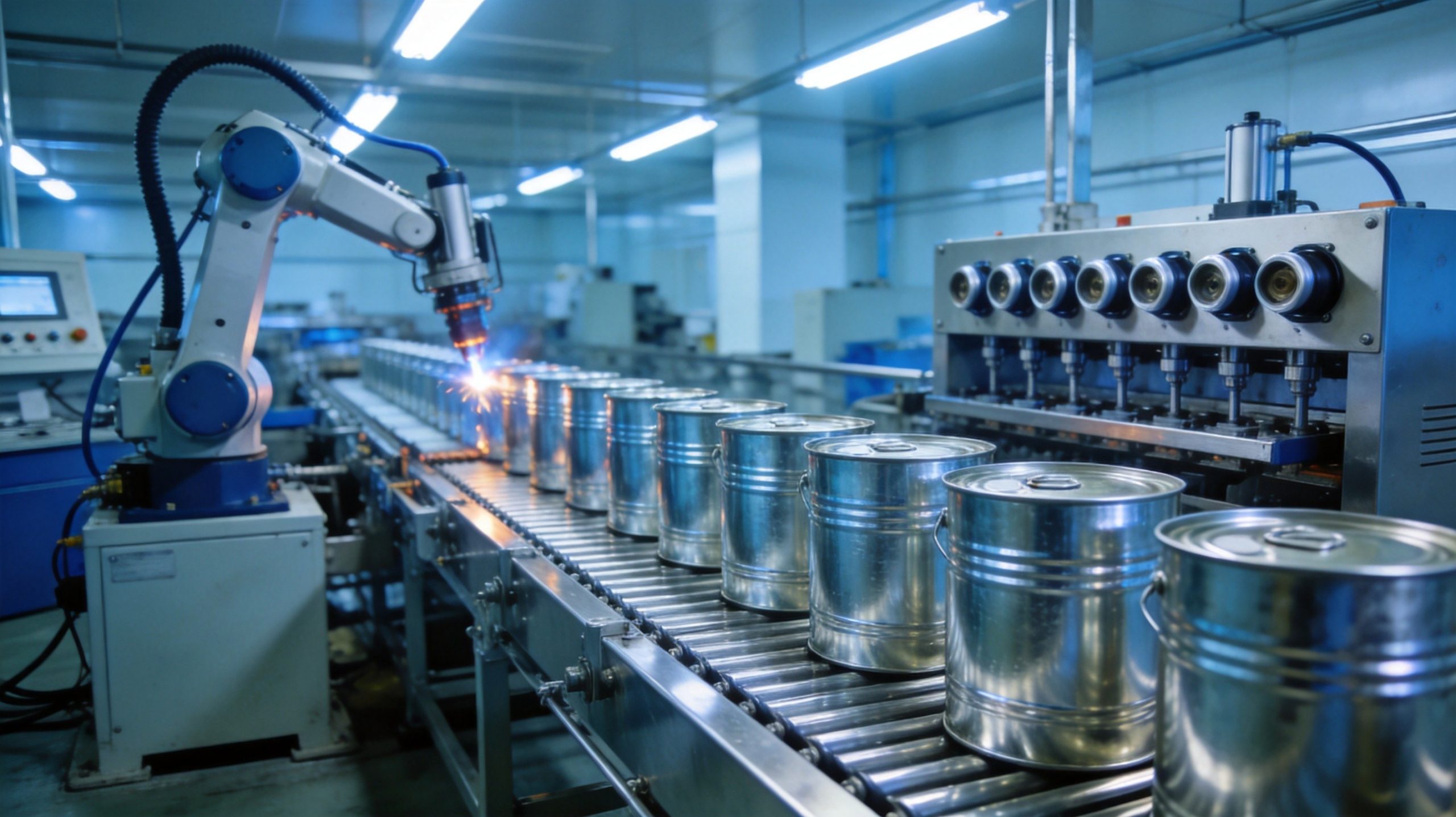 Yongxin 20L pail making machine, complete tinplate pail production line for paint chemical and lubricant buckets, Ø286-300 mm 20L pail, 18-25 CPM
