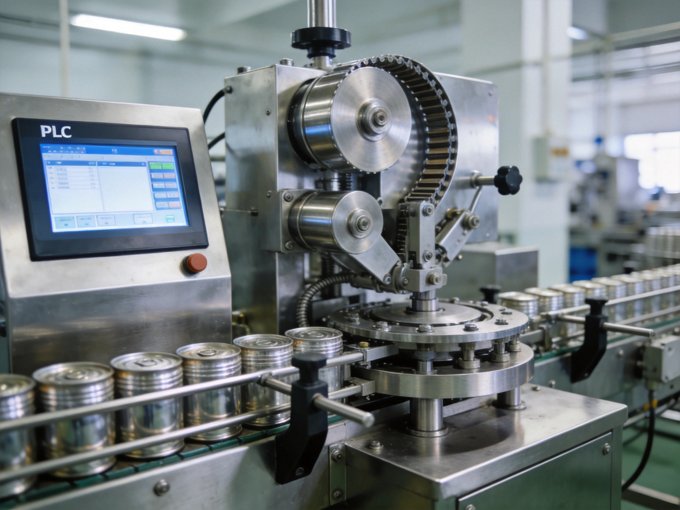 Automatic can sealing machine in modern factory workshop