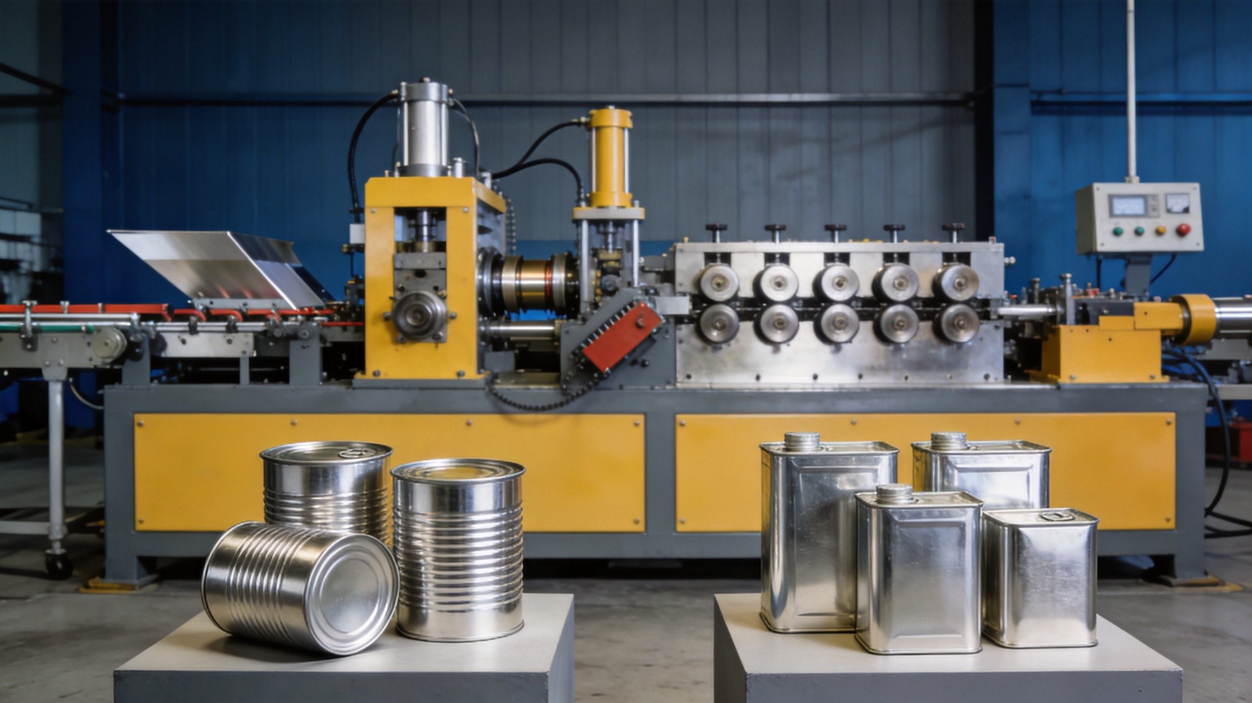 Yongxin can making machine ultimate guide — Chinese three-piece tinplate can production line with sheet feeder, roll former, resistance welder, cam-driven flanging station, and 8-cam 8-roller synchronous seaming head, plus round and square finished tinplate cans in multiple sizes (1L food can, 5L paint can, 20L pail bucket), Jiujiang Yongxin Can Equipment Co., Ltd. 2026 pillar guide