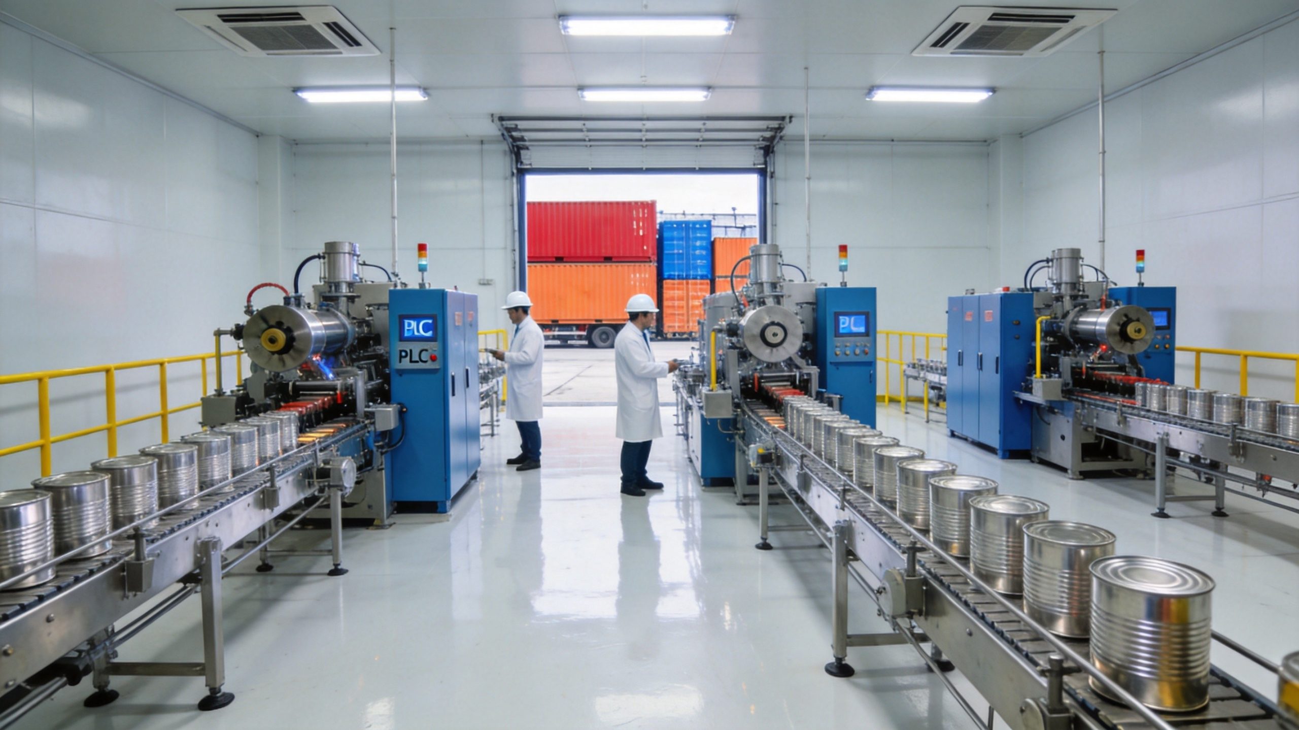 Yongxin can manufacturing equipment — Chinese three-piece tinplate can production facility interior showing multiple parallel automated lines, resistance welders, cam-driven flanging and 8-cam 8-roller synchronous seaming heads, PLC control cabinets, and export container yard in background, Jiujiang Yongxin Can Equipment Co., Ltd. China industry landscape 2026