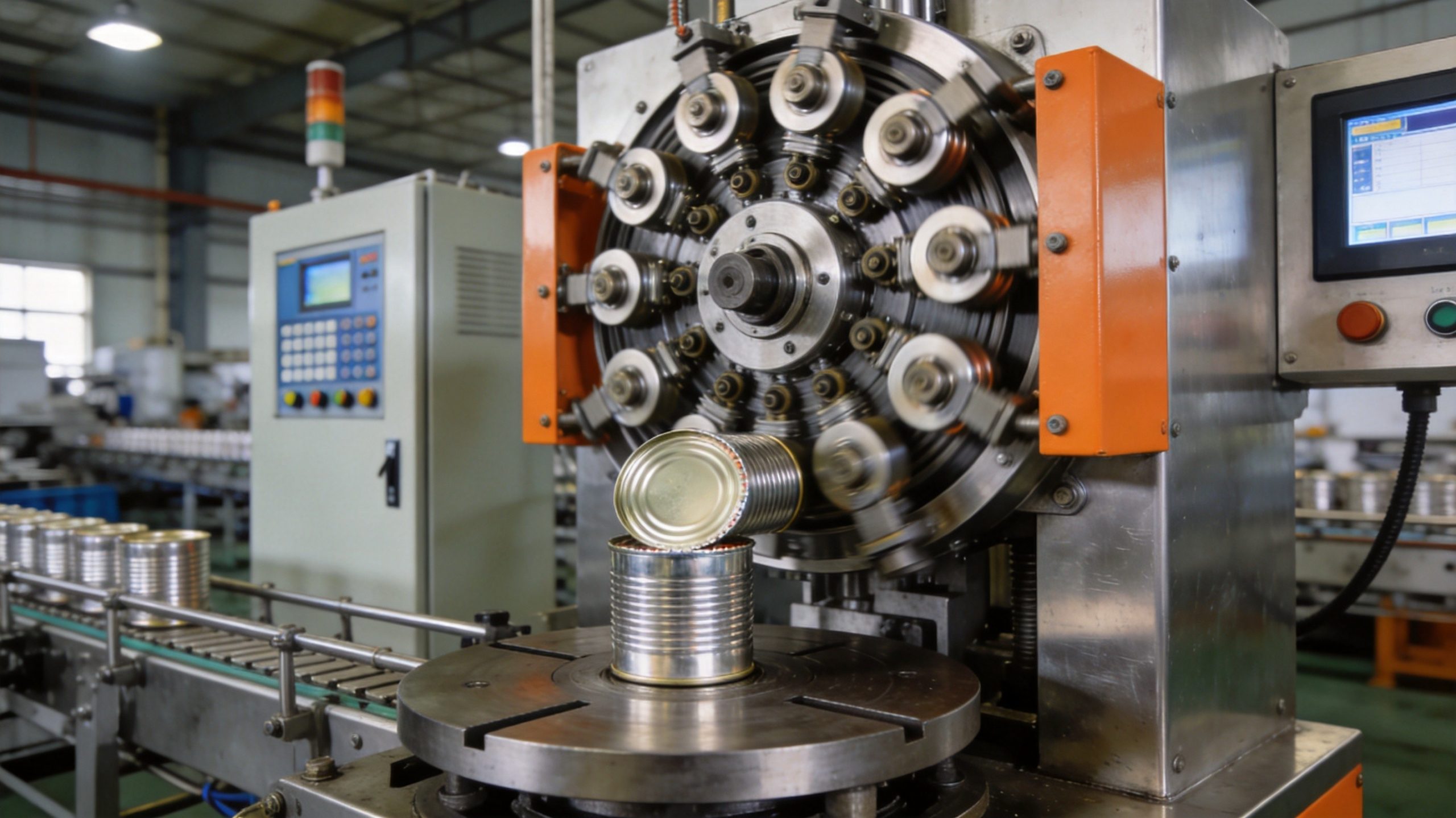 Yongxin can seamer 8-cam 8-roller synchronous seaming head, 5-layer mechanical double seam on tinplate can lid, precision cam-driven closure mechanism from Jiujiang Yongxin Can Equipment Co., Ltd. China