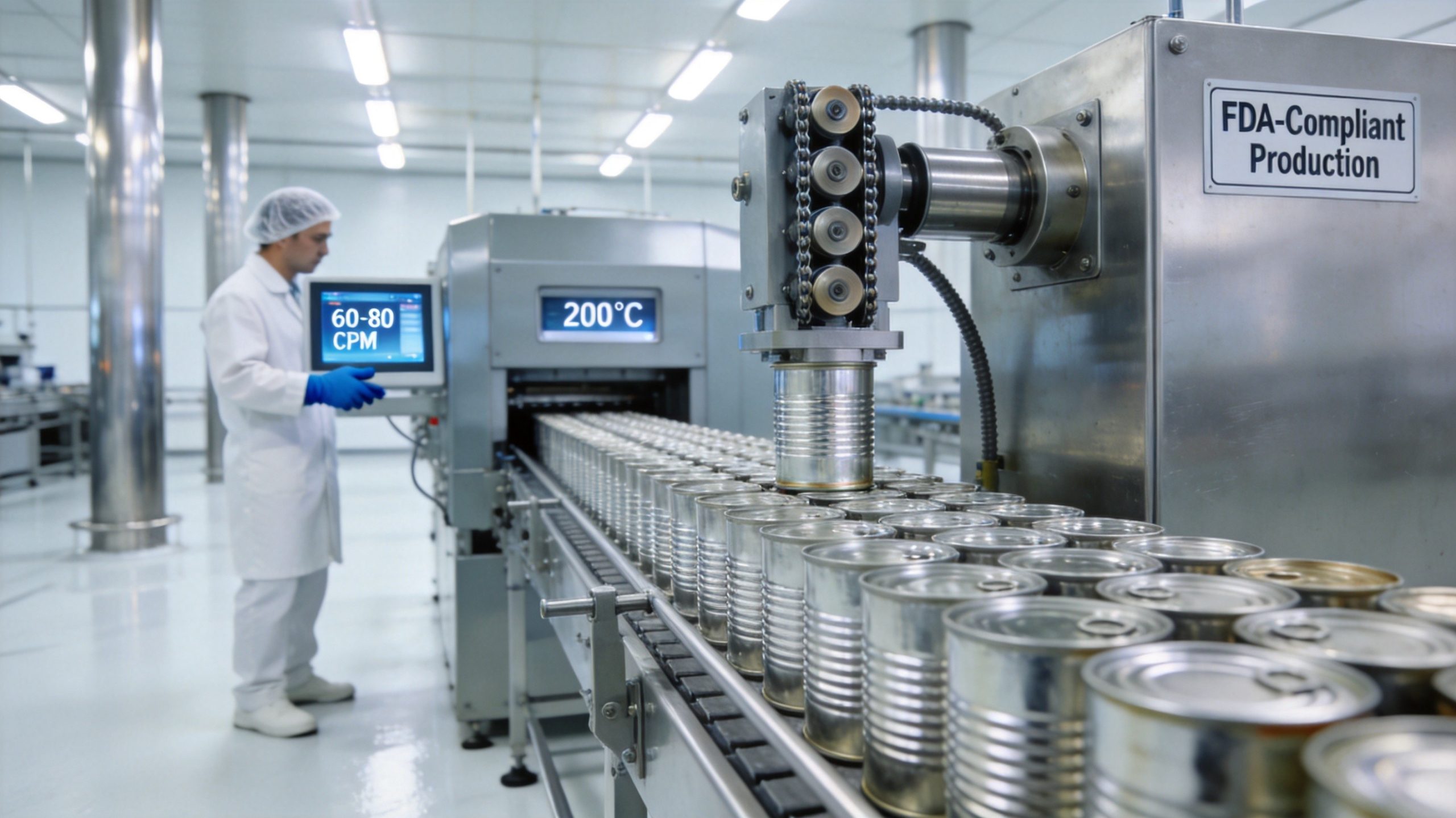 Yongxin food can making machine — food-grade tinplate can production line with 8-cam 8-roller synchronous seaming head forming 5-layer mechanical double seams on Ø65-99mm tuna and coconut milk cans, FDA 21 CFR 175 / EU 10/2011 / JIS Z 1571 compliance-ready, Jiujiang Yongxin Can Equipment Co., Ltd. China