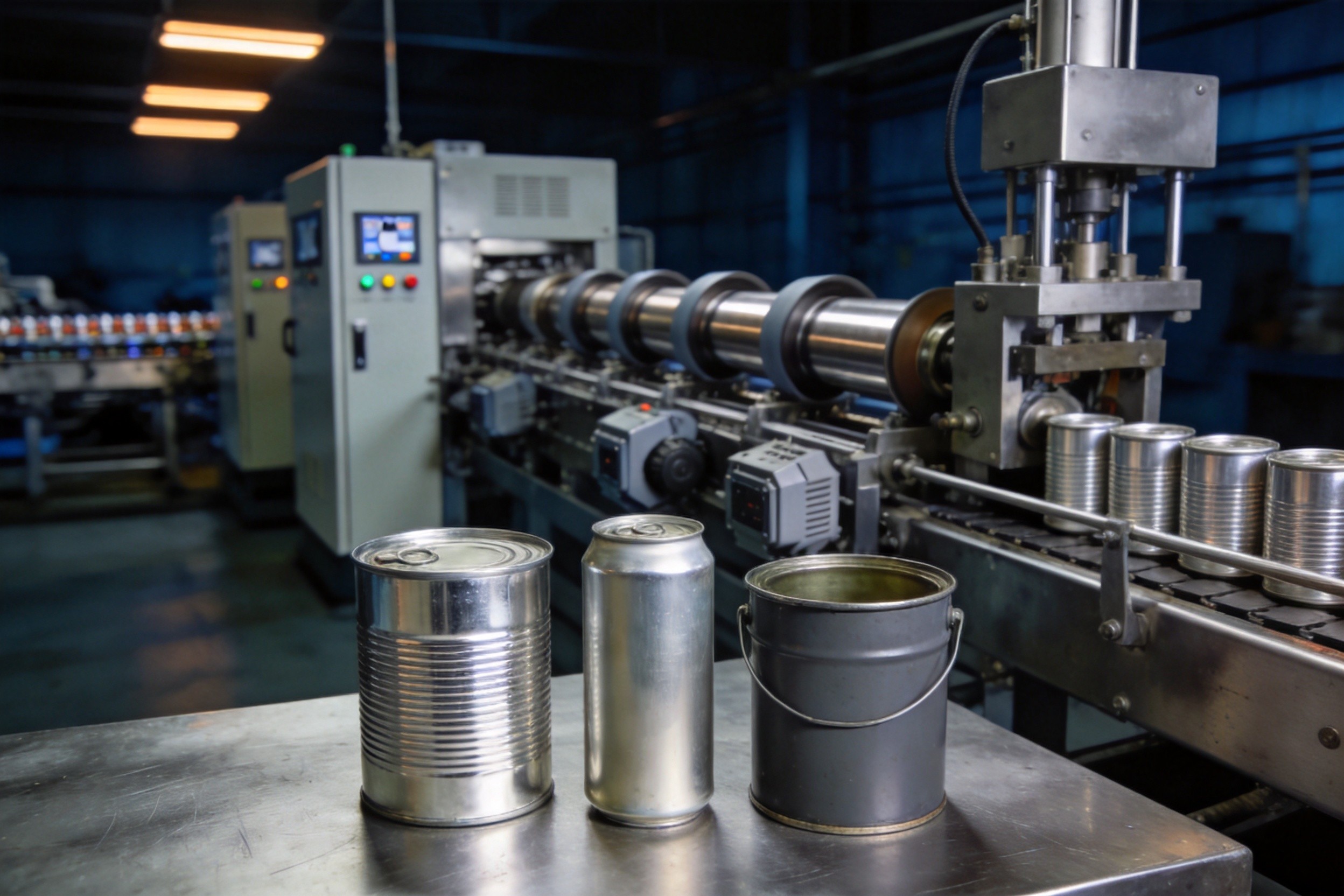 Yongxin metal can making machine 2026 — Chinese three-piece can production line for tinplate (ETP), tin-free steel (TFS), and cold-rolled coated steel substrates, with side-seam welder, cure oven, internal-external dual-groove flanging, and 8-cam 8-roller synchronous seaming head, plus three finished metal cans (1L tinplate food can, aluminium beverage-style can, 5L coated-steel paint pail) on the production floor, Jiujiang Yongxin Can Equipment Co., Ltd. material-specialisation guide