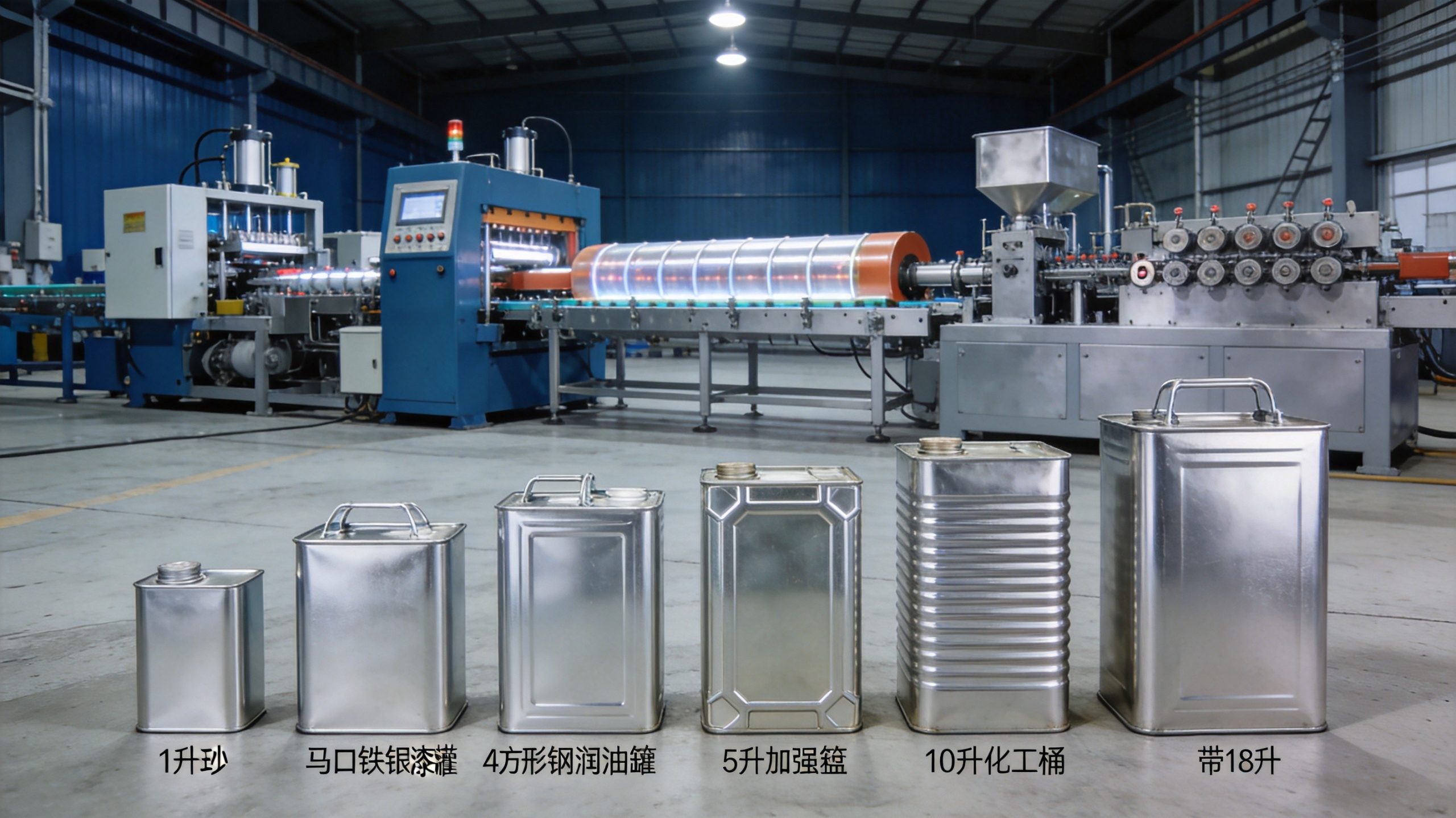 Yongxin square can making machine 2026 — Chinese three-piece rectangular metal can production line for 1 L, 4 L, 5 L, 10 L, 15 L and 18 L square cans in tinplate (ETP), tin-free steel (TFS) and coated cold-rolled steel, with corner-pressing body-forming station, side-seam welder on the mid-face, cure oven at 200–220 °C, internal-external dual-groove rectangular flanger, and 8-cam 8-roller synchronous rectangular seaming head, plus five finished square metal cans (1 L paint can, 4 L lubricant can with plastic handle, 5 L edible-oil can with ribs, 10 L chemical pail, 18 L paint pail) on the production floor, Jiujiang Yongxin Can Equipment Co., Ltd. flagship 30–35 CPM small square can standard line and 25–32 CPM 10–20 L large square line