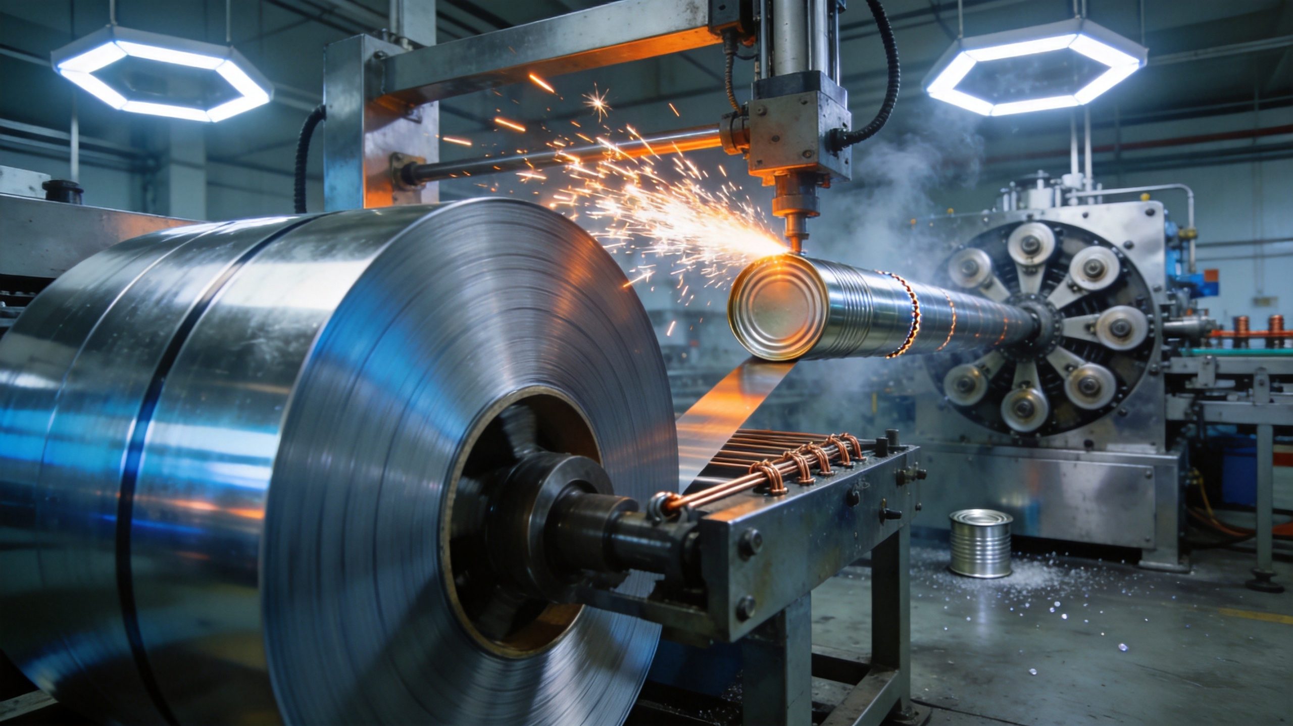 Yongxin tin can making machine — ETP electrolytic tinplate three-piece can production line with side-seam resistance welder, internal-external dual-groove flanging, and 8-cam 8-roller synchronous seaming head forming 5-layer mechanical double seams, EN 10202 / JIS G 3303 / ASTM A623 / GB/T 2520 tinplate compatible, Jiujiang Yongxin Can Equipment Co., Ltd. China