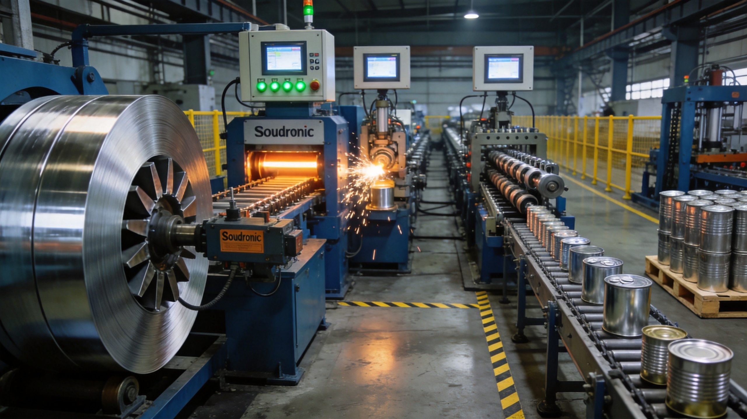 Yongxin tin can production line 2026 — complete turnkey manufacturing system from Chinese manufacturer Jiujiang Yongxin Can Equipment Co., Ltd. covering the full 10-station line architecture: coil de-coiler unwinding electrolytic tinplate (ETP) coil, 8-blade slitting machine cutting body blanks, printing and coating station with 200-220 degree Celsius cure oven, cylindrical body rounder and 4-corner pressing station, Soudronic-style copper-wire side-seam resistance welder joining longitudinal seams with visible weld sparks, internal-external dual-groove rectangular flanger, beading rib-forming station, 8-cam 8-roller synchronous seaming head closing 5-layer mechanical double seams, and automatic palletiser stacking finished cans on wooden pallets, producing 1L food cans, 4L paint cans, 5L edible-oil cans, 18L lubricant pails and 20L industrial paint pails at 25 to 80 CPM turnkey throughput across six purpose-built production lines